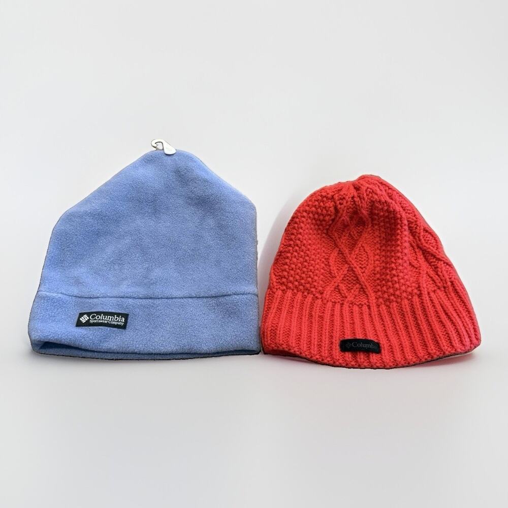 Lot Of 2 Columbia Unisex Blue Red Knit Beanie Fleece Hat One Size & S/M